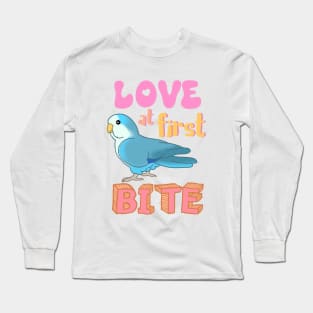 Love at first bite Blue Quaker Funny Birb merch Parrot Kawaii Long Sleeve T-Shirt